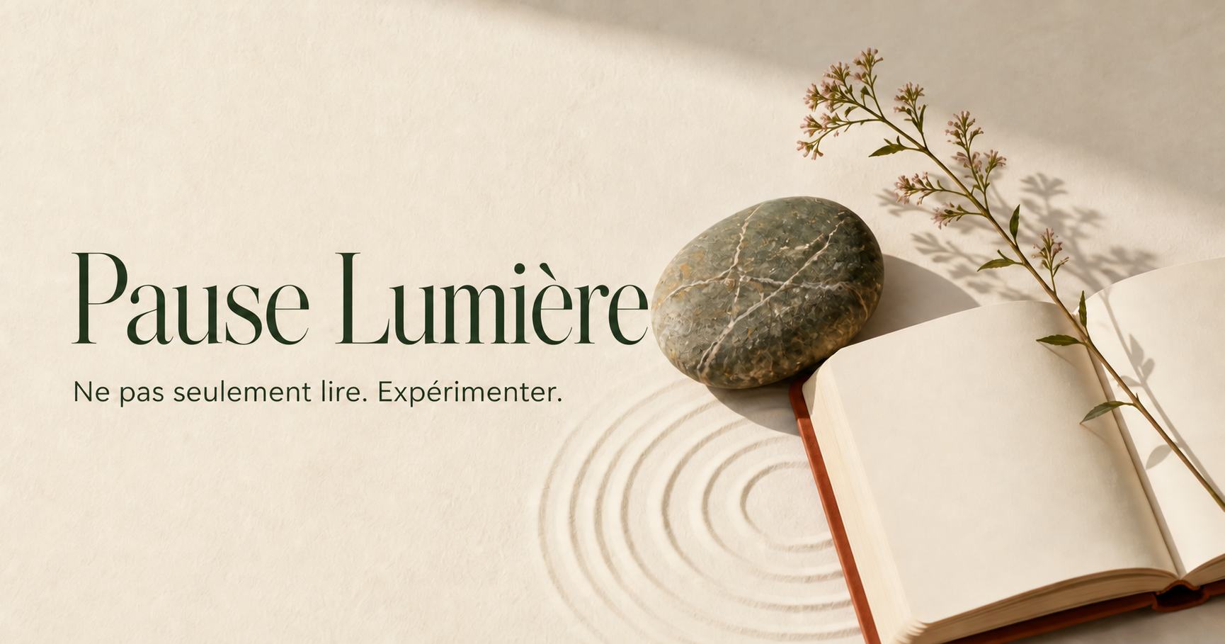 Pause Lumière — un carnet ouvert, une pierre naturelle et une branche dans la lumière du matin
