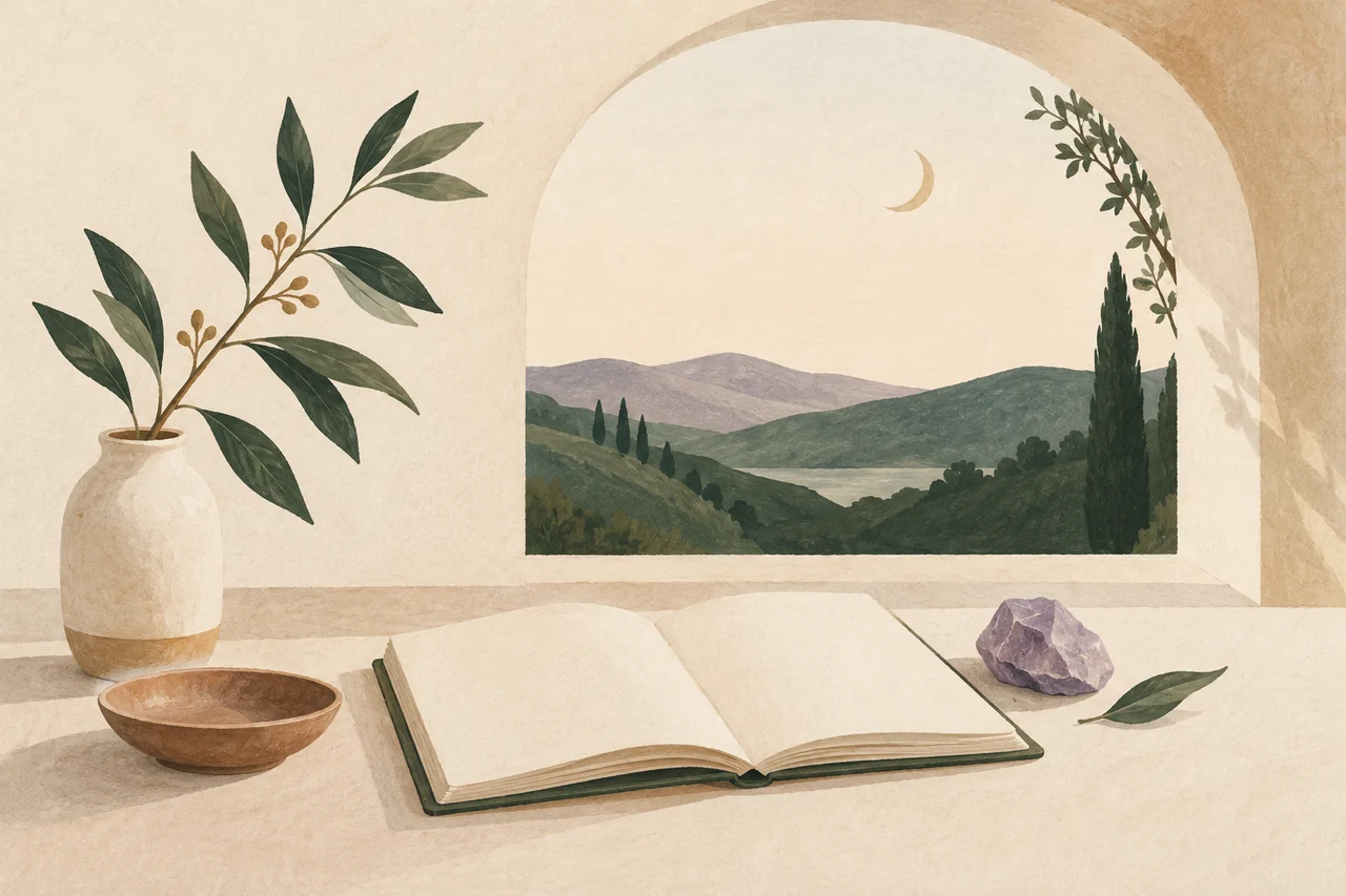 Une lumière douce éclaire des plantes, un carnet ouvert et des pierres sur une table.